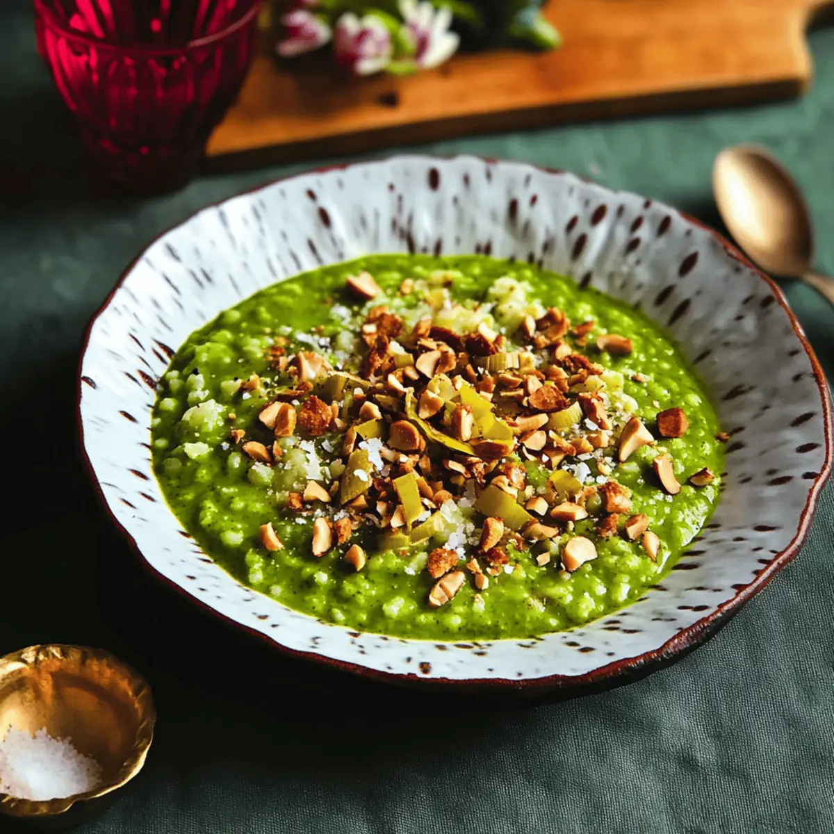 Irresistible Super-Green Risotto Soup with Crunchy Toppings