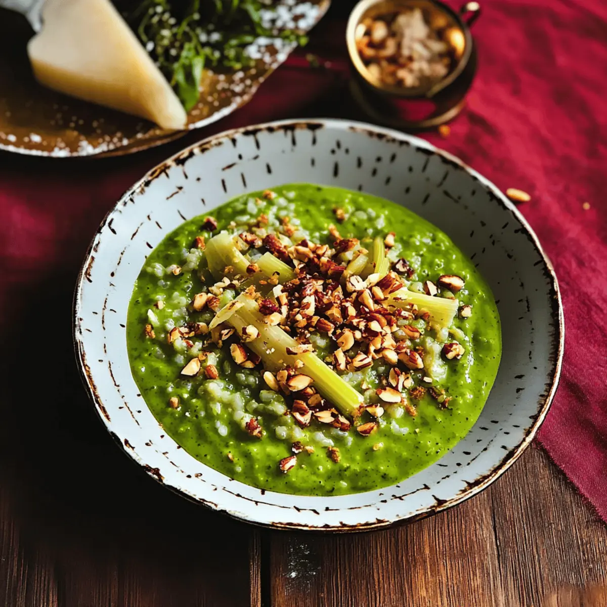 Creamy Super-Green Risotto Soup with Crispy Leeks & Nuts