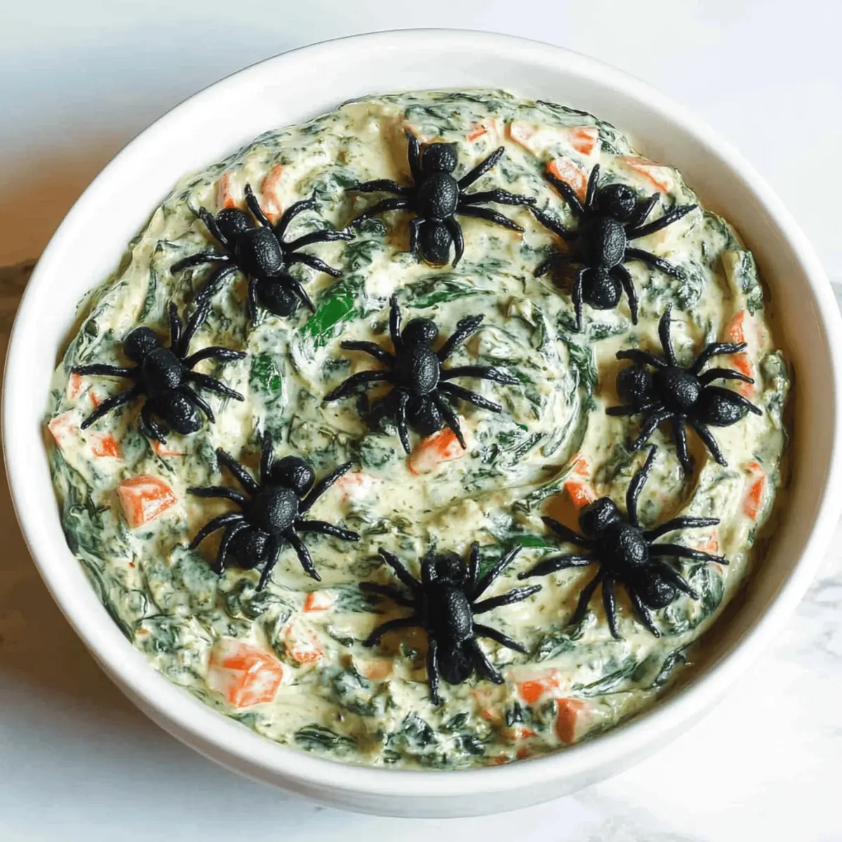 Creamy Halloween Spinach Dip with Fun Olive Spiders