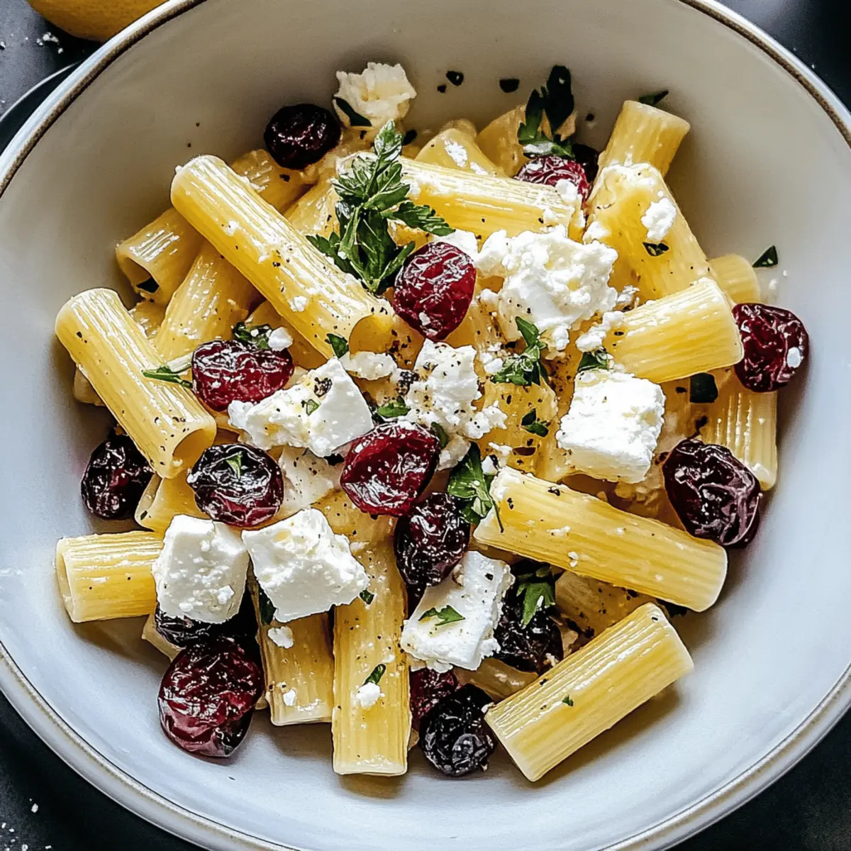 Feta & Cranberry Rigatoni Salad with Bright Lemon Vinaigrette