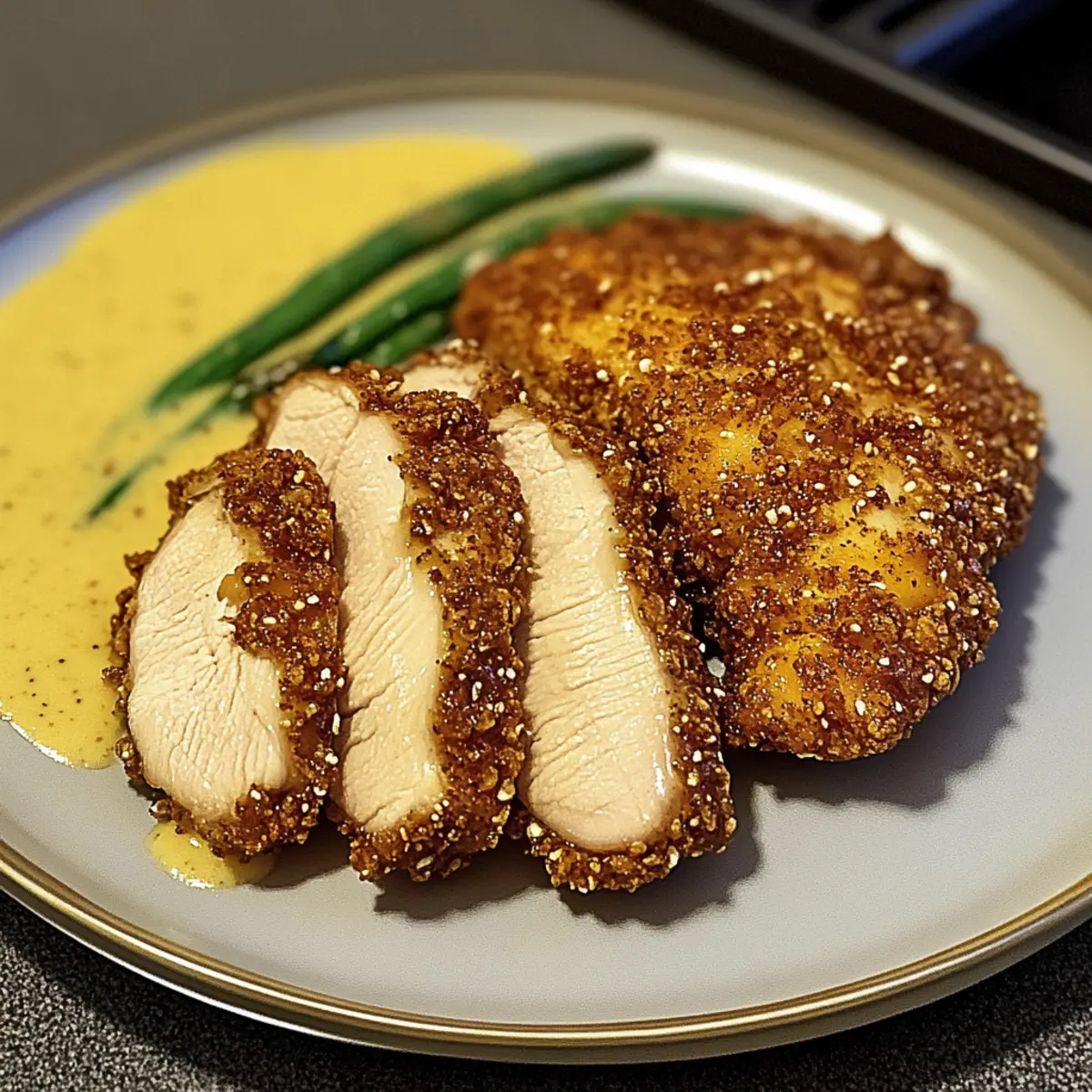 Crispy Pretzel Crusted Chicken with Cheddar Mustard Sauce Delight