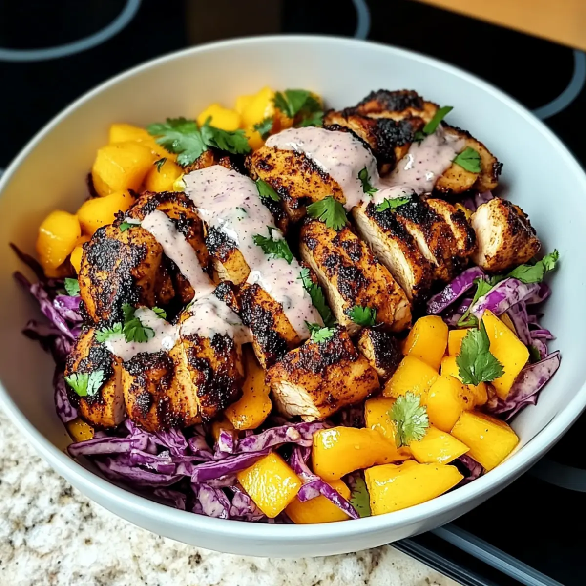 Jerk Chicken & Mango Slaw Bowls with Honey Lime Cream Bliss