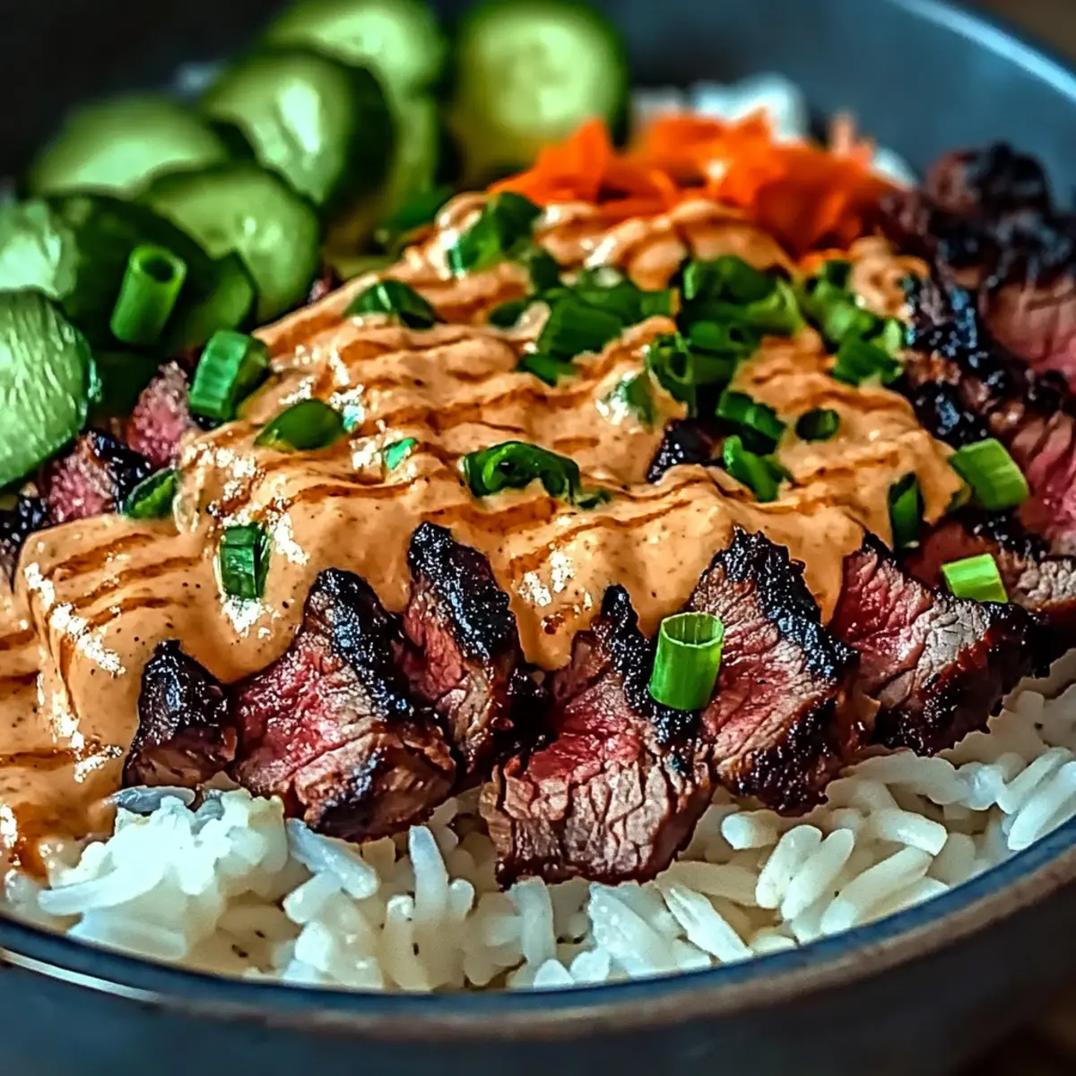 Savor Korean BBQ Steak Rice Bowls with Spicy Cream Sauce!