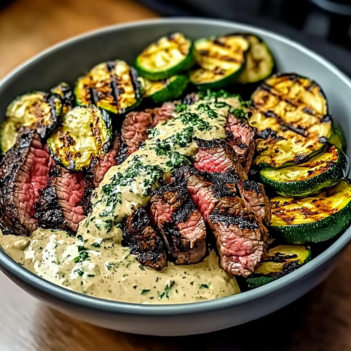 Grilled Steak Bowl with Sauce & Grilled Zucchini Bliss Delight