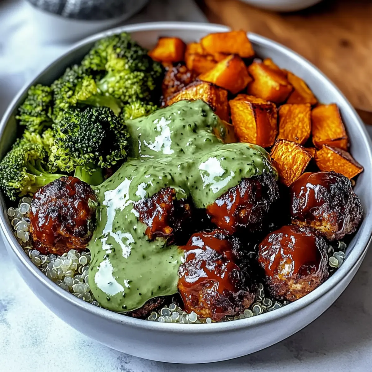 Barbecue Meatball Bowls with Creamy Avocado Sauce Delight