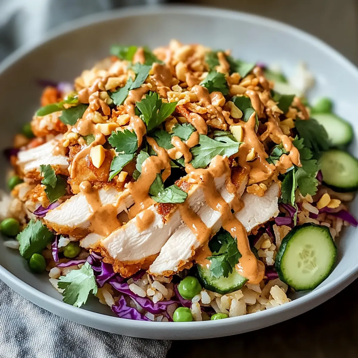 Crispy Chicken Rice Salad with Creamy Peanut Dressing Bliss