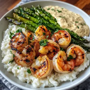 Grilled Shrimp Bowl with Asparagus & Creamy Garlic Sauce