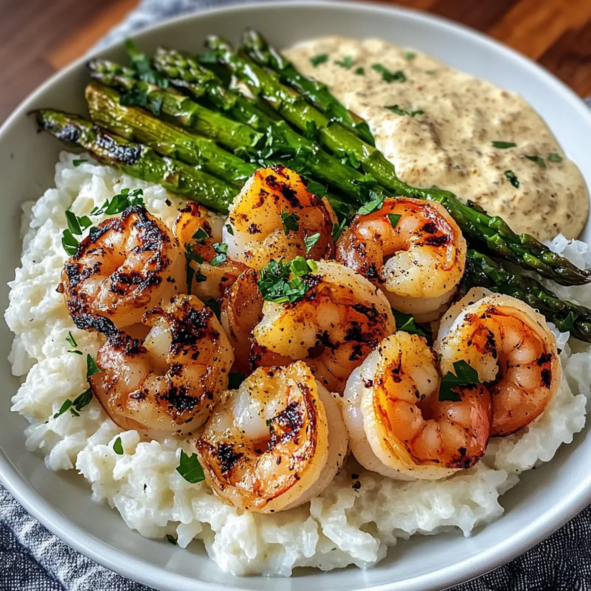Grilled Shrimp Bowl with Asparagus & Creamy Garlic Sauce Delight