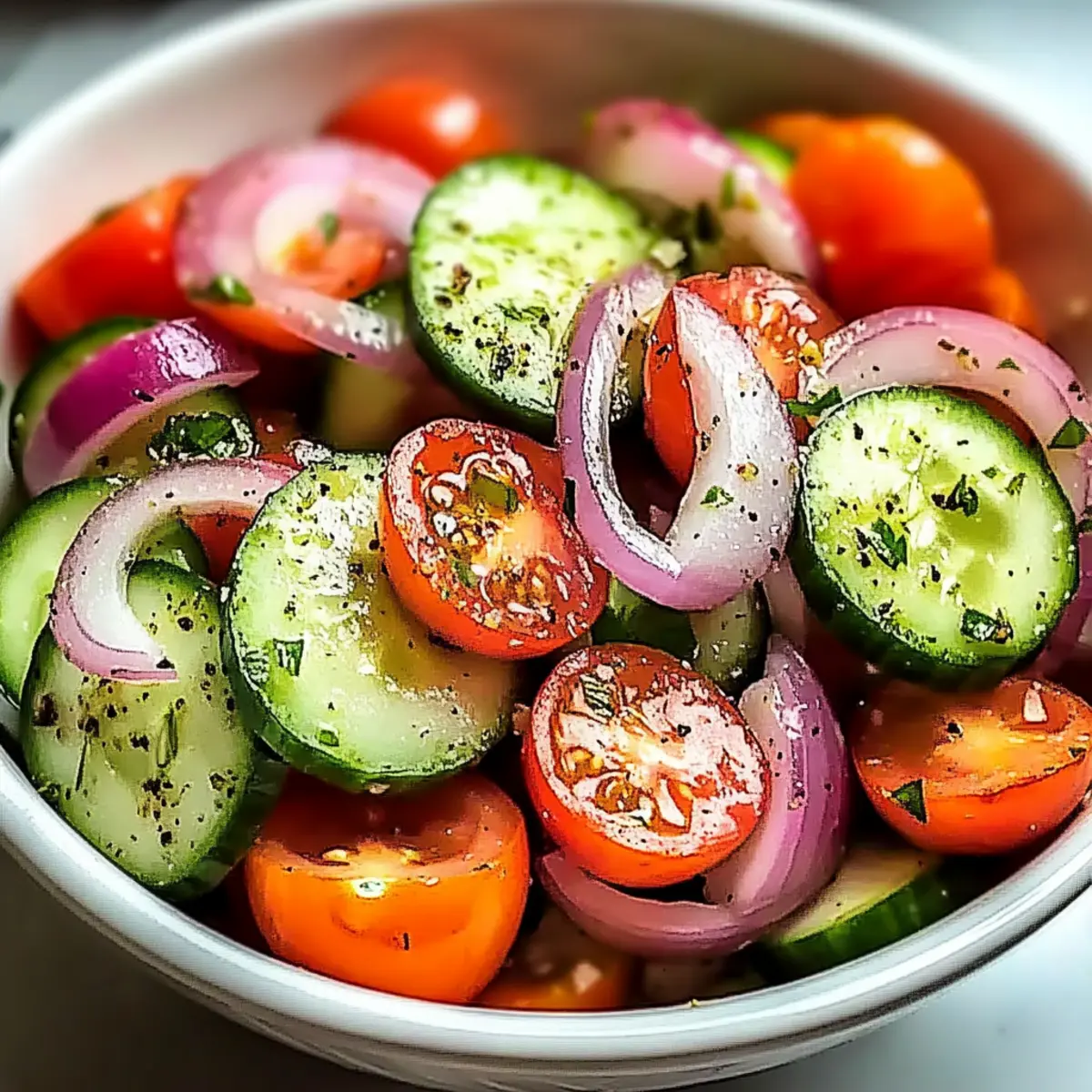Fresh and Tangy Marinated Cucumber, Onion, and Tomato Salad