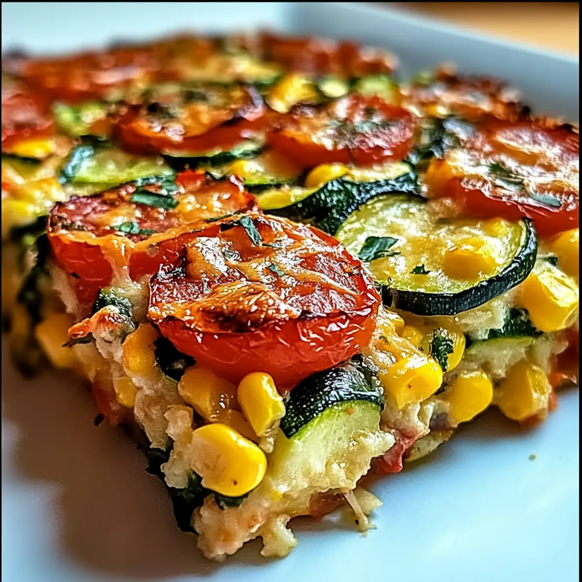 Cheesy Zucchini Corn Tomato Bake with Parmesan Crust Magic