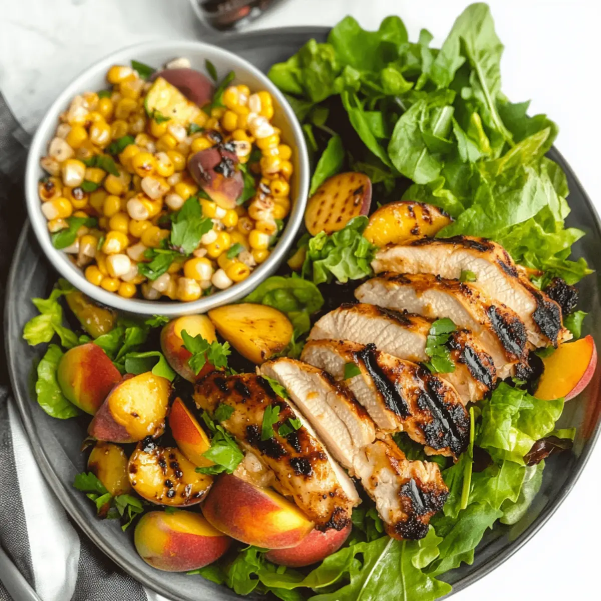 Delicious Summer Grilled Corn & Peach Salad with Chicken Bliss